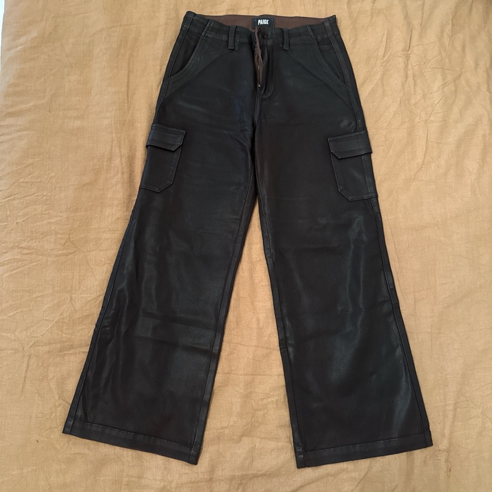PAIGE Dark Brown Leather-Like Cargo Pants